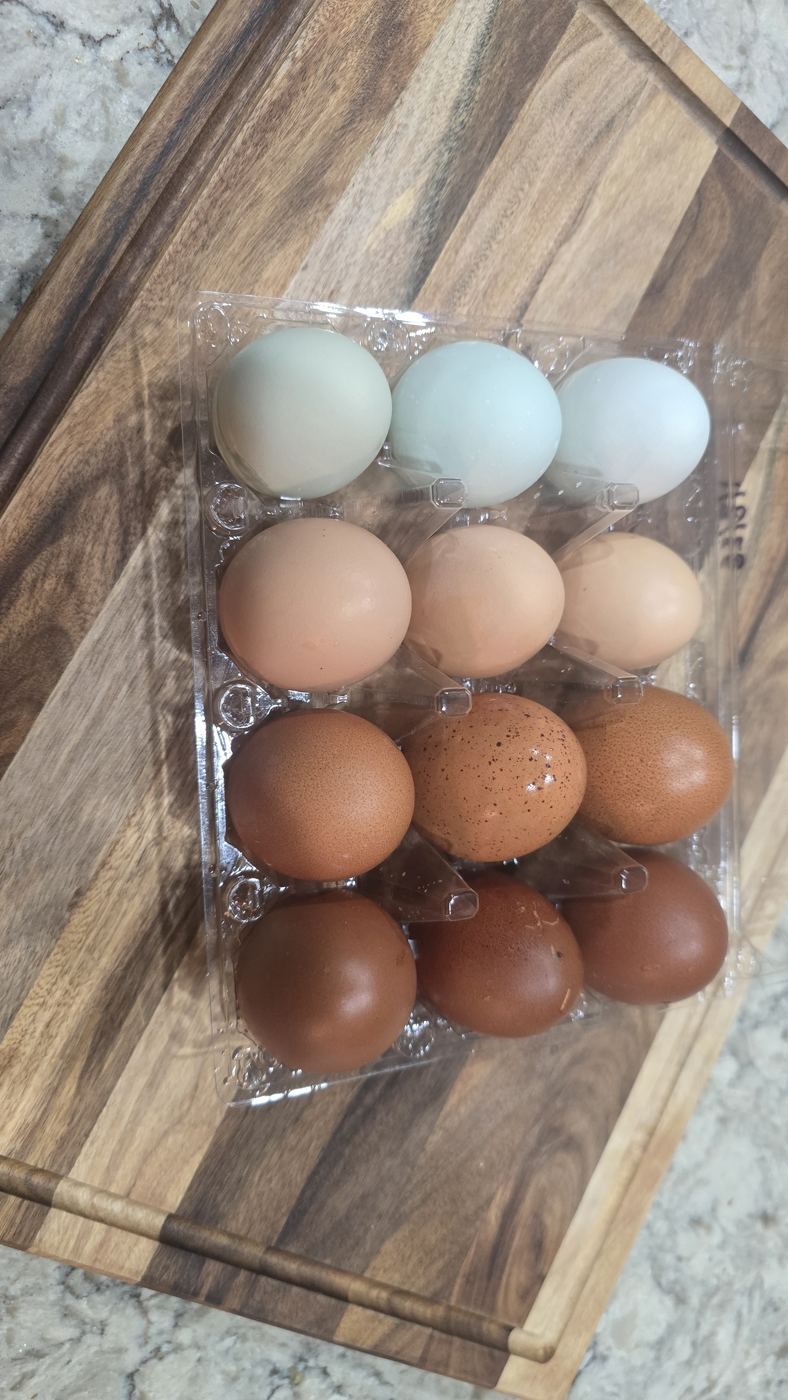 A dozen eggs in shades of blue, cream and brown on a cutting board